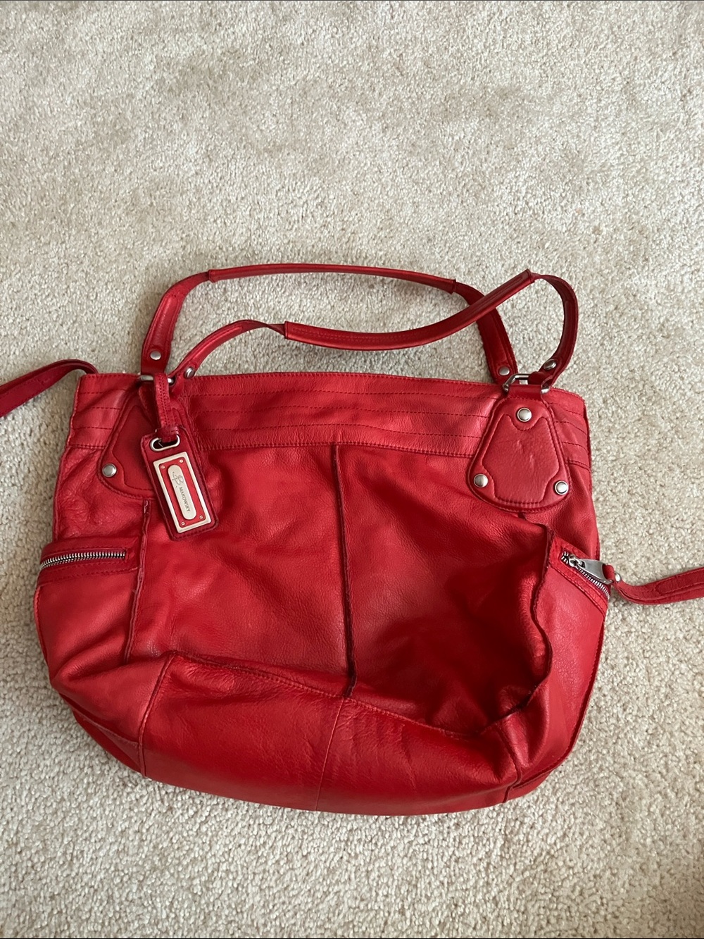 B Makowsky Red Leather Shoulder Tote Bag - Classic Women's Handbag